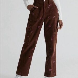 PacSun Brown Straight Leg Pants with Pink Heart Accents